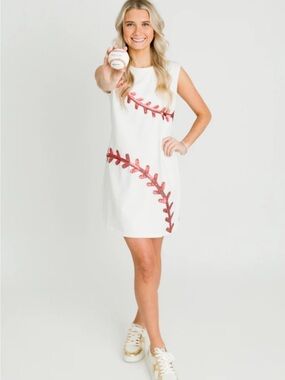 NWT, White Sleeveless Knee Length Dress w/Red Stitch Sequin Detail (front&back)